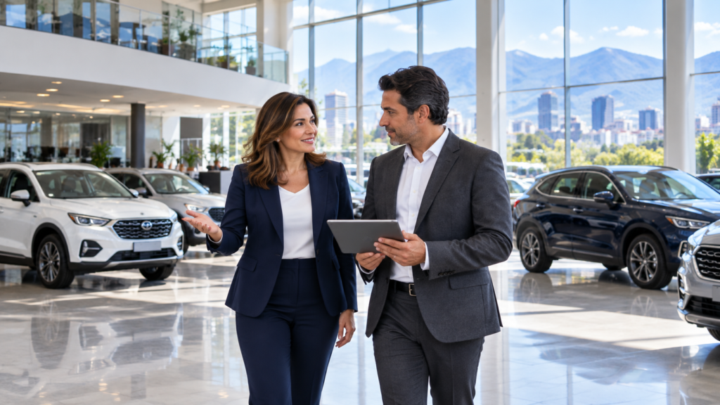 Dos profesionales revisan una tablet en una agencia automotriz.
