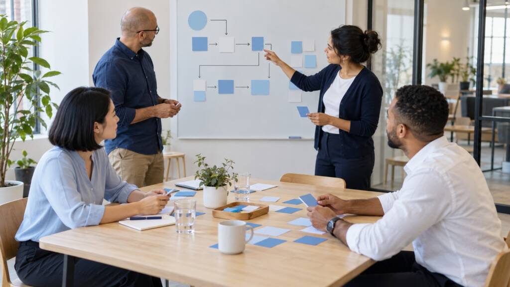 Un grupo de profesionales organiza procesos y prioridades durante una sesión de trabajo.
