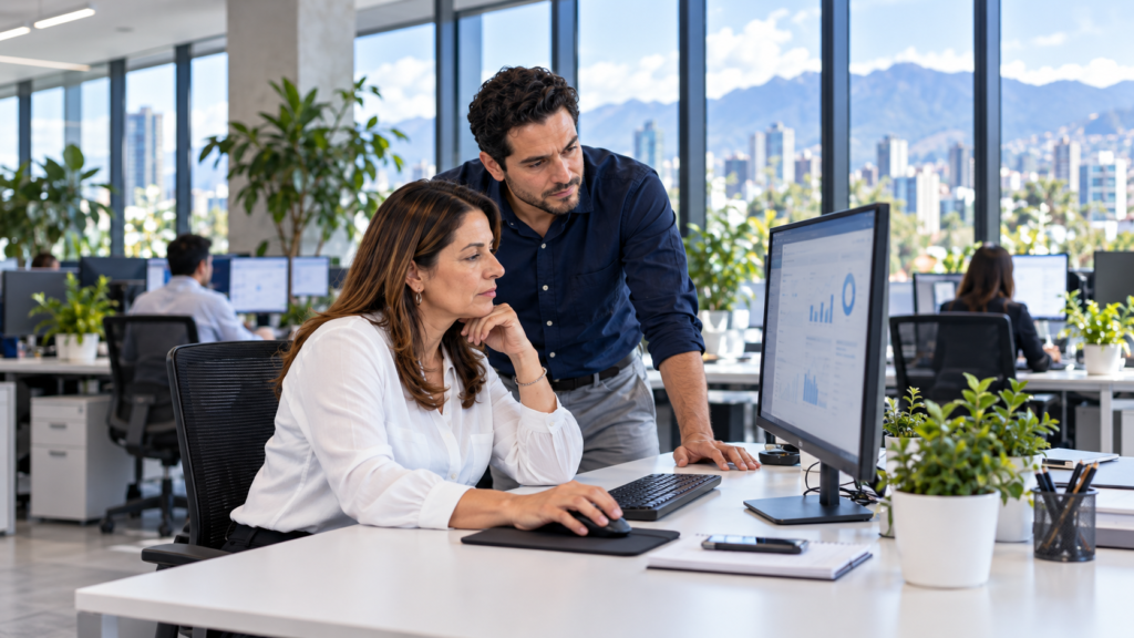 Dos profesionales revisan información en una computadora dentro de una oficina luminosa.